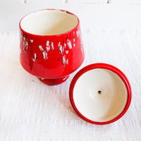 Volcano Cookie Jar With Lid Drip Glaze Red with Black and White Speckled Made in the USA