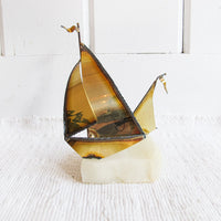 Brass Boat Sculpture on Geode Stone Base Curtis Jere Style