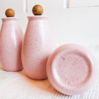 Set of Three Retro Atomic Speckled Pink Salt Pepper Sugar Spice Shakers
