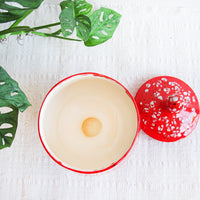 Volcano Cookie Jar With Lid Drip Glaze Red with Black and White Speckled Made in the USA