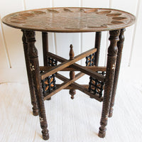 Mixed Metal Copper Top Tray Table with Folding Wood Legs with Inlay