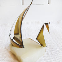 Brass Boat Sculpture on Geode Stone Base Curtis Jere Style
