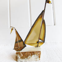 Brass Boat Sculpture on Geode Stone Base Curtis Jere Style