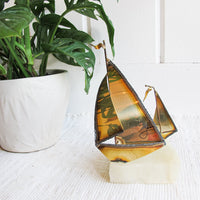 Brass Boat Sculpture on Geode Stone Base Curtis Jere Style
