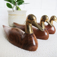 Wooden Duck Statues with Brass Heads Set of Three