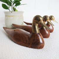 Wooden Duck Statues with Brass Heads Set of Three