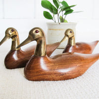 Wooden Duck Statues with Brass Heads Set of Three