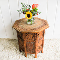Carved Teak Wood Hexagon Side End Table Plant Stand