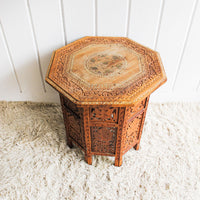 Carved Teak Wood Hexagon Side End Table Plant Stand
