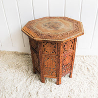 Carved Teak Wood Hexagon Side End Table Plant Stand
