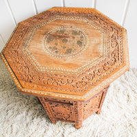 Carved Teak Wood Hexagon Side End Table Plant Stand