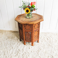 Carved Teak Wood Hexagon Side End Table Plant Stand