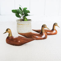Wooden Duck Statues with Brass Heads Set of Three