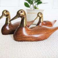 Wooden Duck Statues with Brass Heads Set of Three