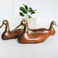 Wooden Duck Statues with Brass Heads Set of Three