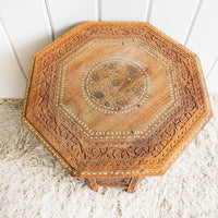 Carved Teak Wood Hexagon Side End Table Plant Stand