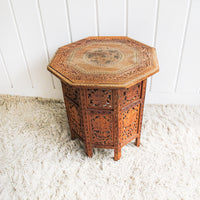 Carved Teak Wood Hexagon Side End Table Plant Stand