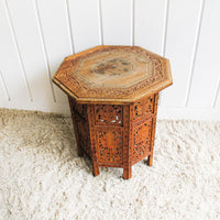 Carved Teak Wood Hexagon Side End Table Plant Stand