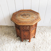 Carved Teak Wood Hexagon Side End Table Plant Stand
