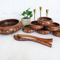 Teak Wood Salad Bowl Set of Eight with Inlay