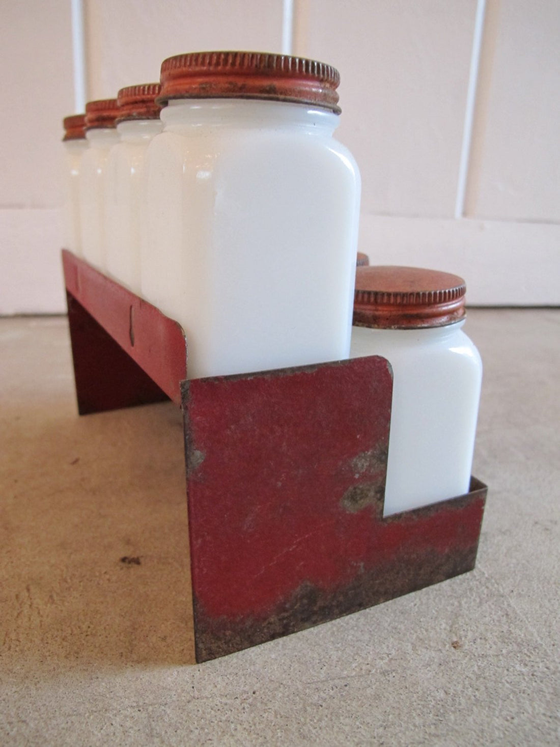 Vintage Set of 8 White Glass Spice Jars with Distressed Red Metal Lids and Rack
