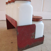Vintage Set of 8 White Glass Spice Jars with Distressed Red Metal Lids and Rack