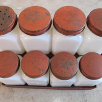Vintage Set of 8 White Glass Spice Jars with Distressed Red Metal Lids and Rack