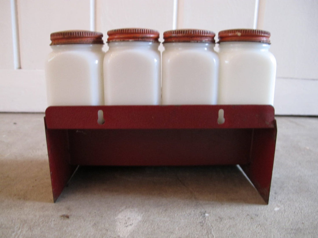 Vintage Set of 8 White Glass Spice Jars with Distressed Red Metal Lids and Rack