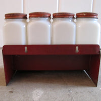 Vintage Set of 8 White Glass Spice Jars with Distressed Red Metal Lids and Rack
