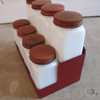 Vintage Set of 8 White Glass Spice Jars with Distressed Red Metal Lids and Rack