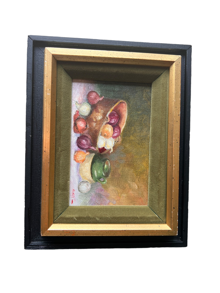 Framed Still Life Oil Painting Art Onions and Olive Oil