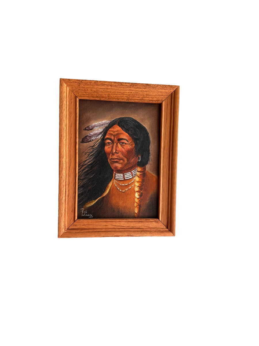 Pat Wilsky Signed Small Wooden Framed Native American Portrait on Canvas