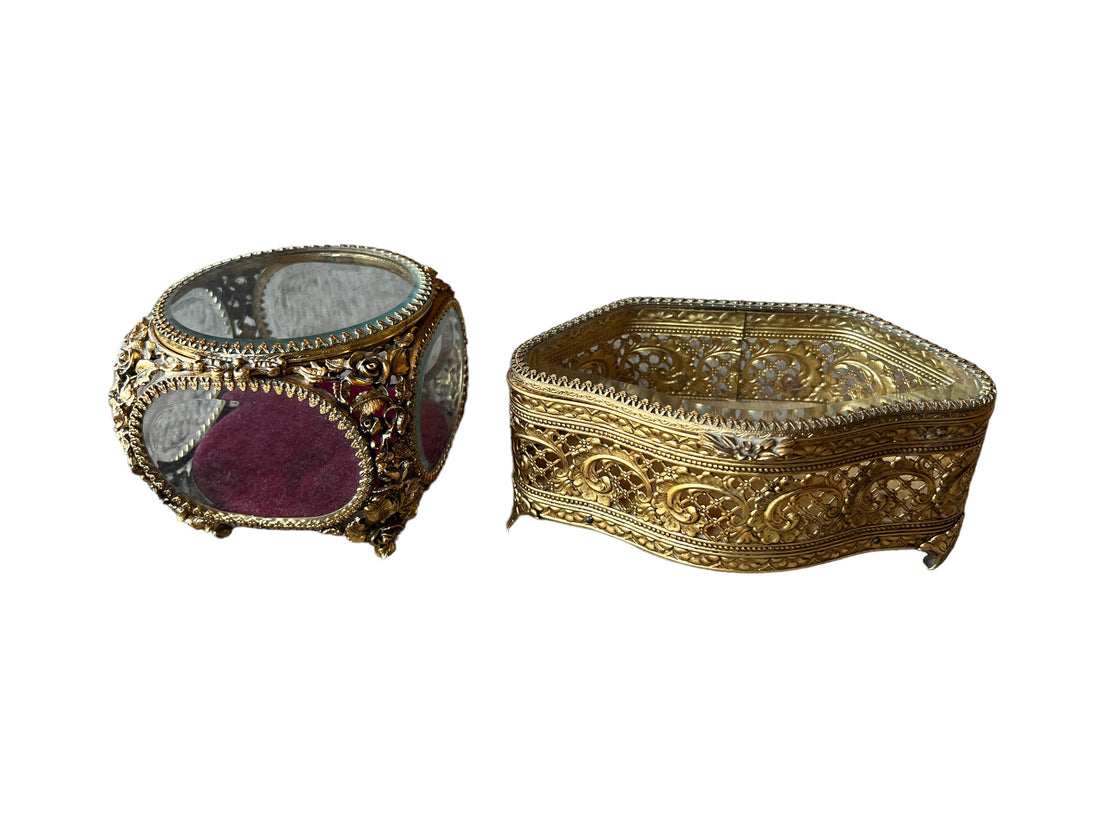 French Beveled Glass Jewelry Box with Velvet Lining 