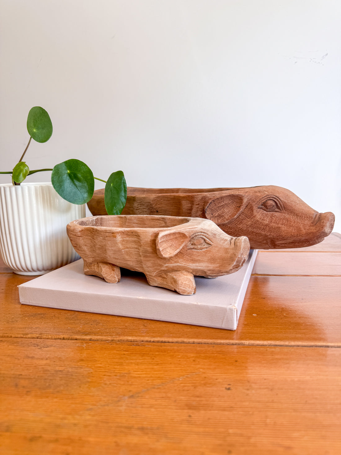 Carved Wood Pig Bowls Large and Small