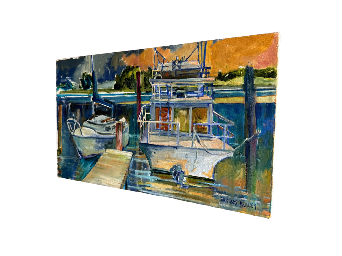 Blues boat dock Rectangular Canvas Painting Signed Martens K Sander