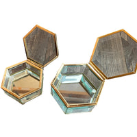 Hexagon Blue Tinted Etched Crystal Glass Jewelry Box