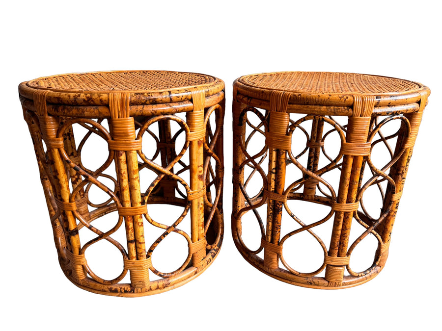 Vintage Tortoise Shell Bamboo and Cane Side Tables