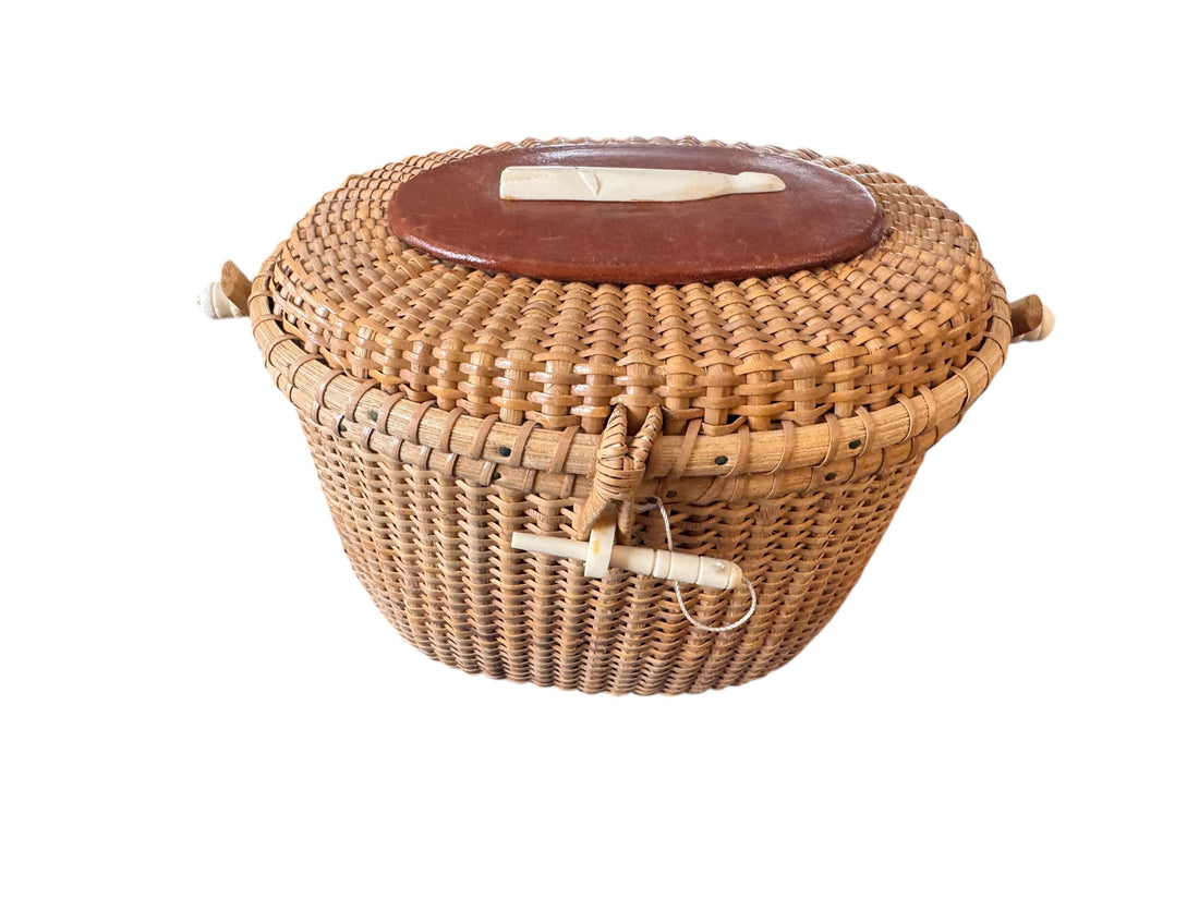 Hand Woven Lidded Basket with whale and Leather detailing