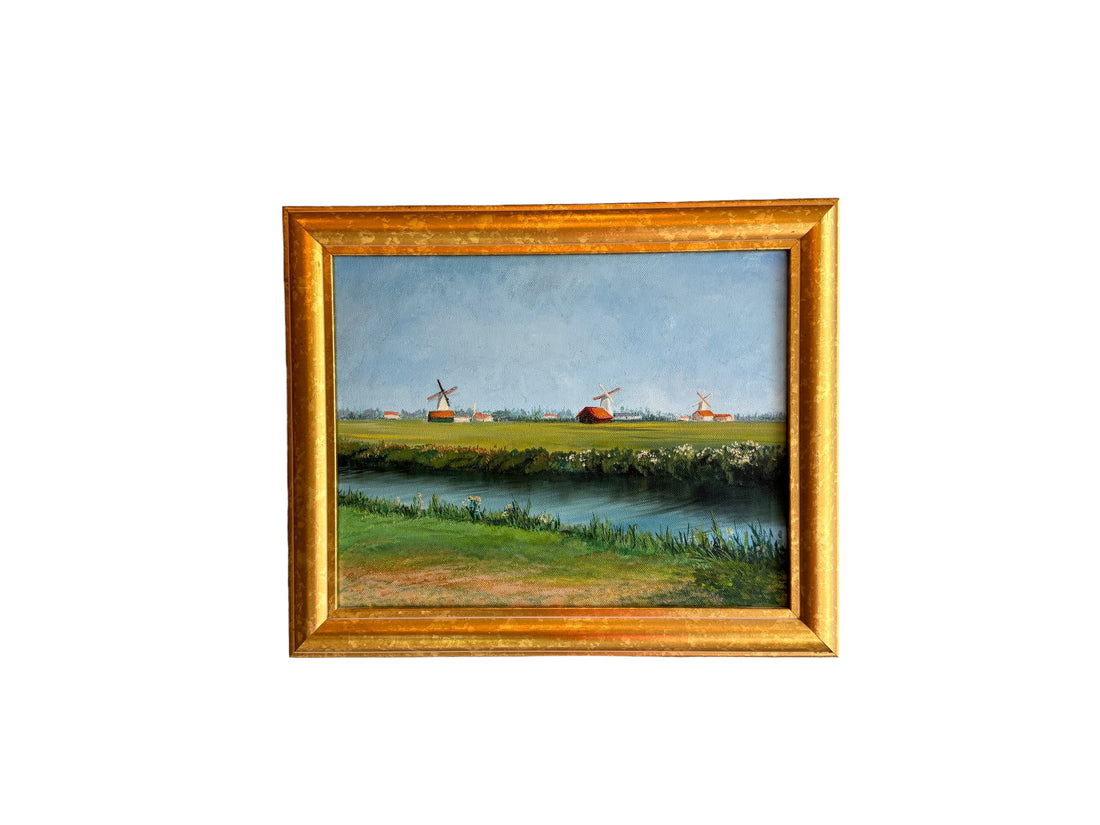 Vintage Canvas Painting with Gold frame of Windmills in Field Unsigned Northern Europe