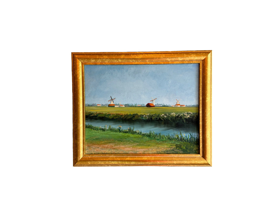 Vintage Canvas Painting with Gold frame of Windmills in Field Unsigned Northern Europe