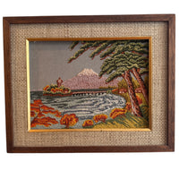 Hand Embroidered Antique Landscape Framed Mountain Lake Scene