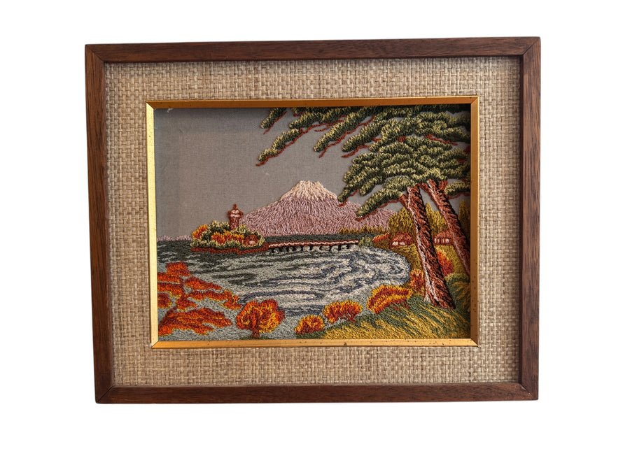 Hand Embroidered Antique Landscape Framed Mountain Lake Scene