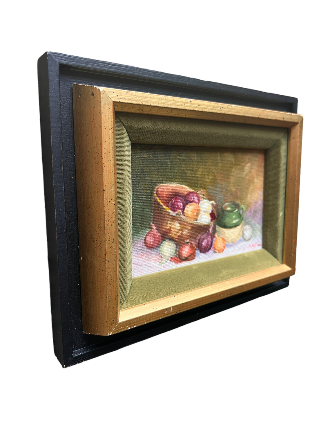 Framed Still Life Oil Painting Art Onions and Olive Oil