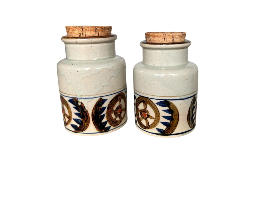 Set of Japanese Ceramic Pottery Canisters with Original Cork Lids (Price is for the Pair)