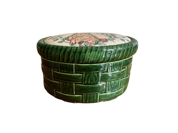 Ceramic signed green basket style box with Bunny painted / drawn signed B Skyhar 2009