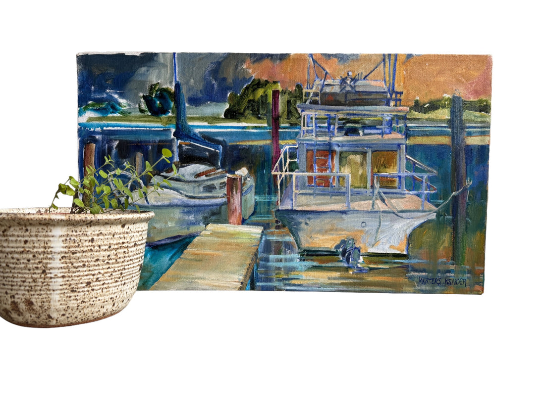 Blues boat dock Rectangular Canvas Painting Signed Martens K Sander