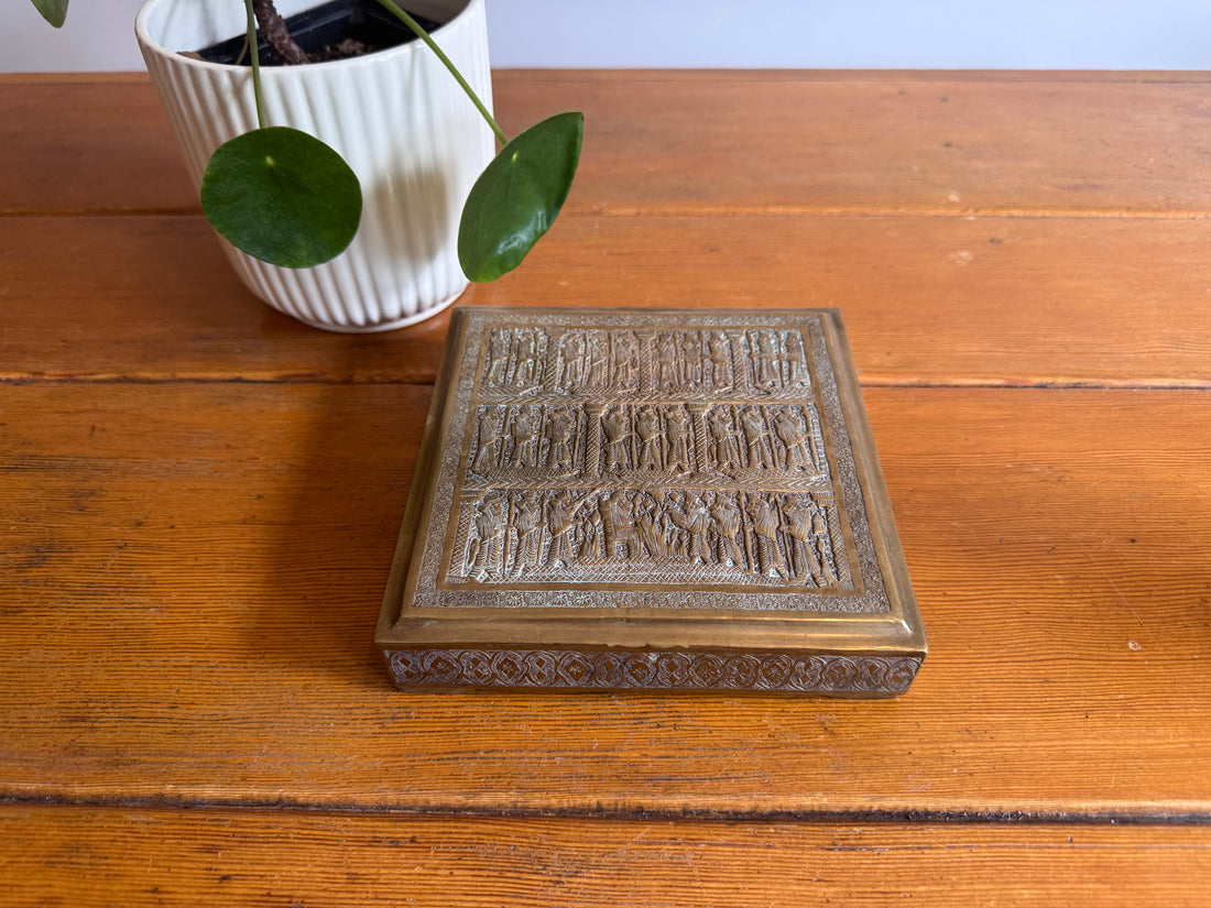 Brass Box vintage etched with Human Figures