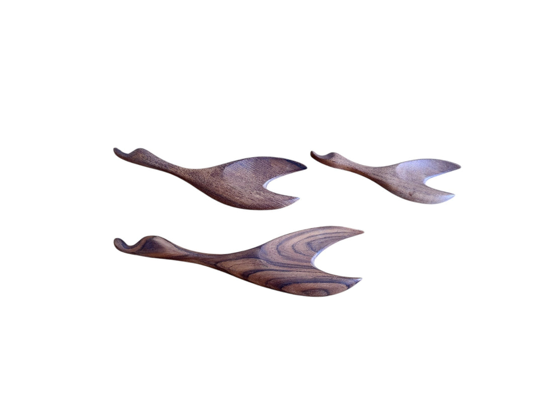 Mid-Century Set of Three Teak Wood Minimalist Bird Hanging Wall Art