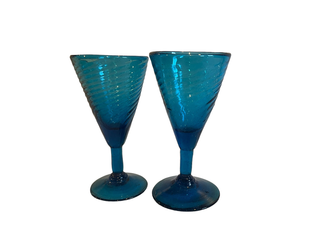 Hand Blown Blue Swirl Wine Cocktail Glasses