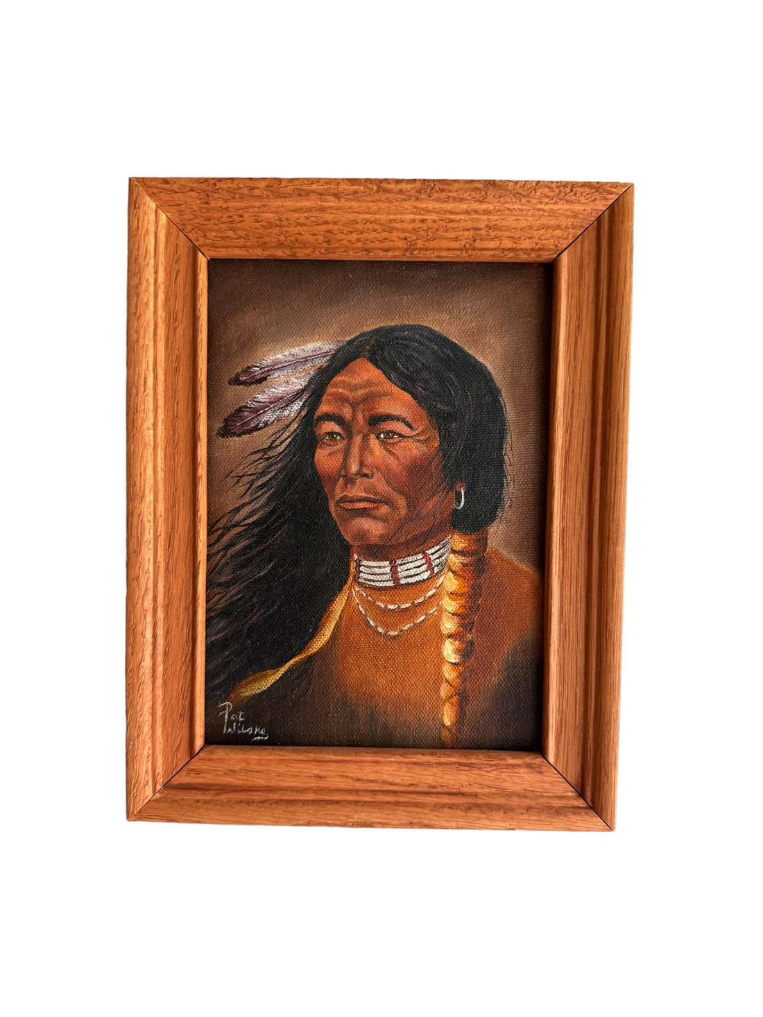 Pat Wilsky Signed Small Wooden Framed Native American Portrait on Canvas